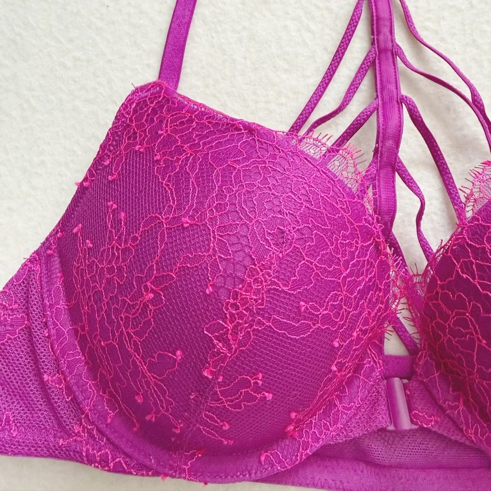 Victoria's Secret Very Sexy Magenta Floral Lace Front-Close Push-Up Bra 32B - Picture 4 of 16